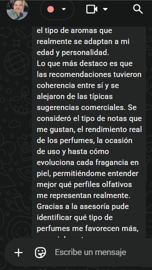 Testimonio por WhatsApp sobre recomendaciones coherentes con piel y personalidad